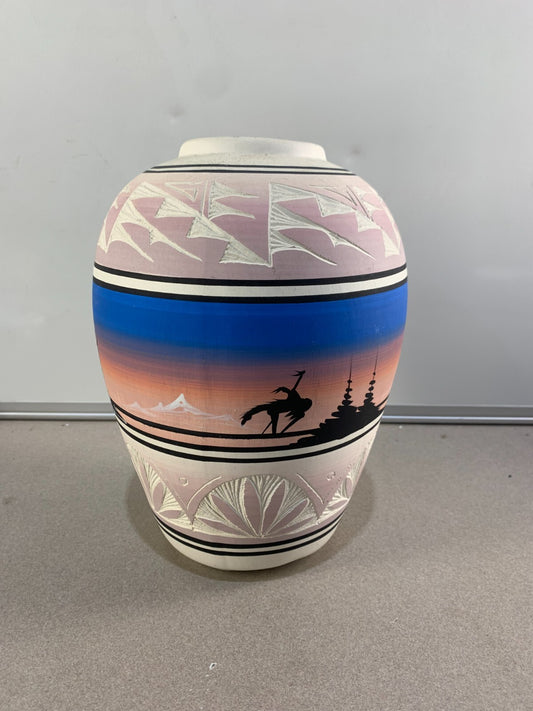 Vintage Etched Pastel Art Pottery Vase Signed S. Dineh Native American Navajo