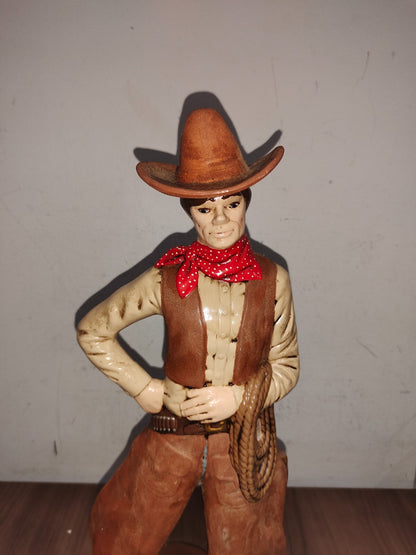 Vintage Cowboy Wooden Painted Figurine Statue