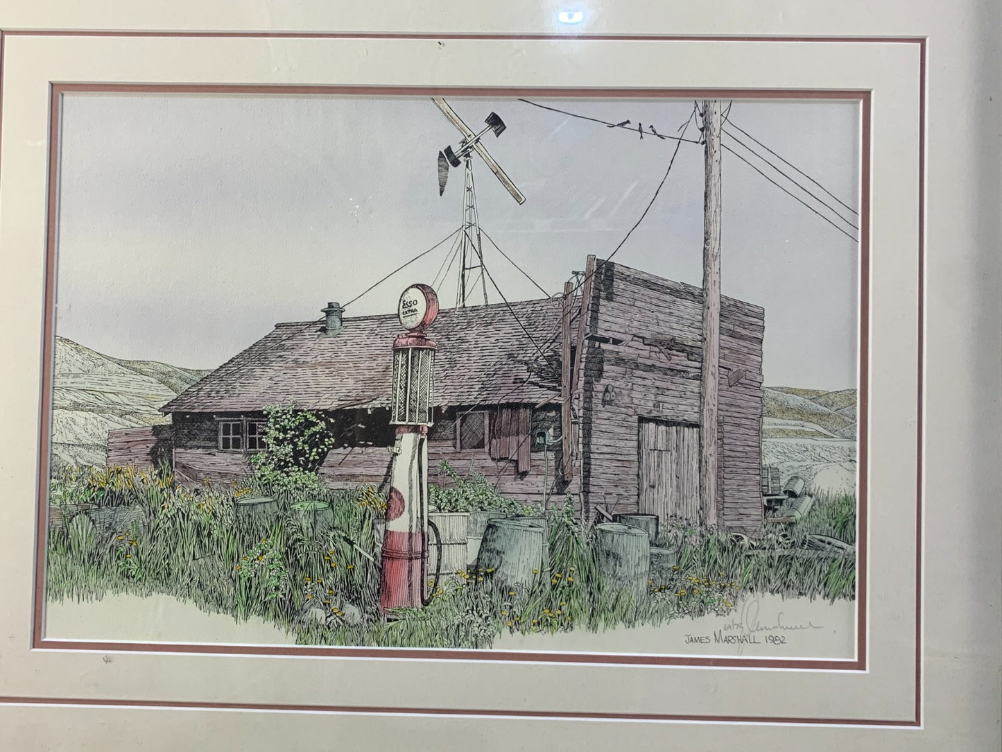 Vintage James Marshall 1982 Signed Framed Print - Rustic Gas Station Art, #69/75