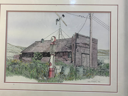 Vintage James Marshall 1982 Signed Framed Print - Rustic Gas Station Art, #69/75