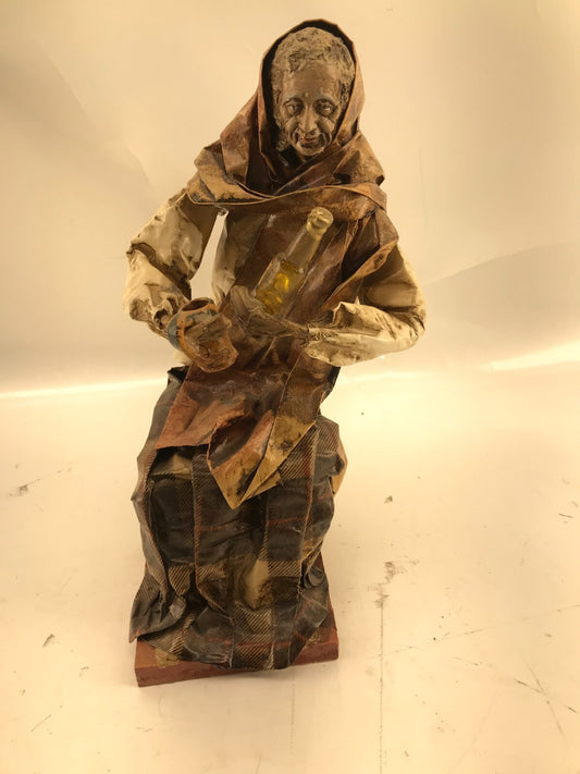 Vintage Mexican folk art paper Mache Old leady holding Beer and mug