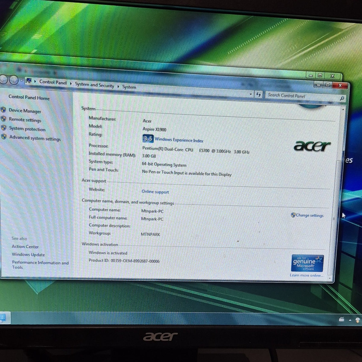 Acer Aspire X1900 SFF PC Pentium E5700 @ 3.00 GHz 3GB RAM 500GB HDD Windows 7