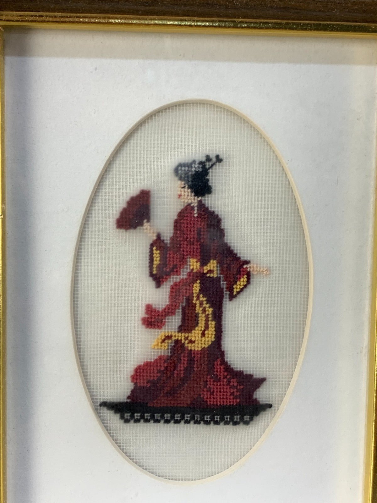 VINTAGE HANDMADE PAIR NEEDLE POINT ART ASIAN MAN AND LADY IN FRAMES