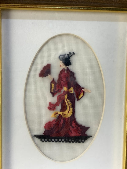 VINTAGE HANDMADE PAIR NEEDLE POINT ART ASIAN MAN AND LADY IN FRAMES