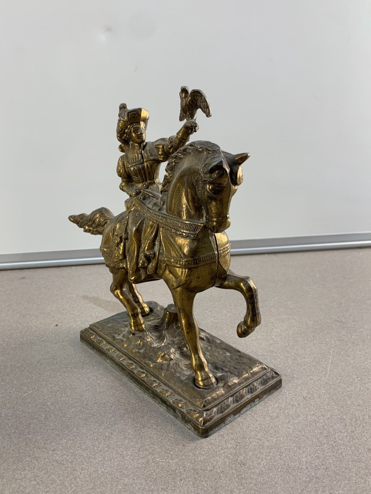 Vintage French bronze sculpture, statue, knight with his hawk on his horse