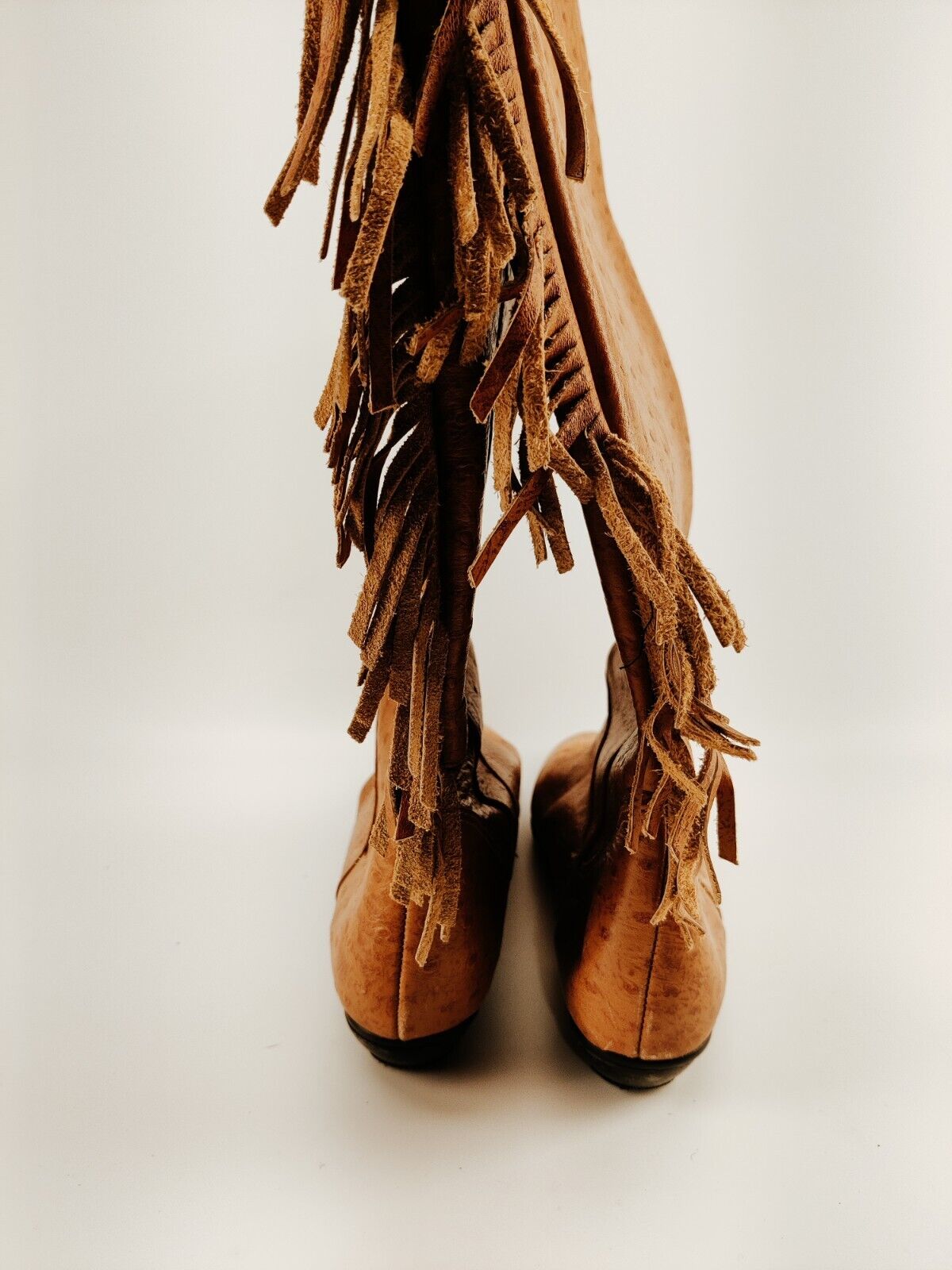 Vintage Cougar Tan Ostrich Leather Fringe Boots Women's Size 7.5