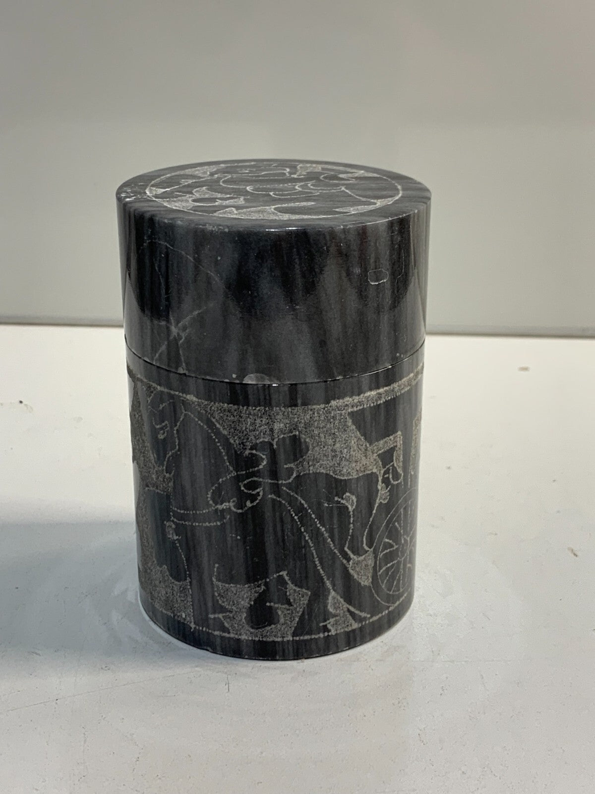 Vintage Collectible Black & White Carved Marble Jar