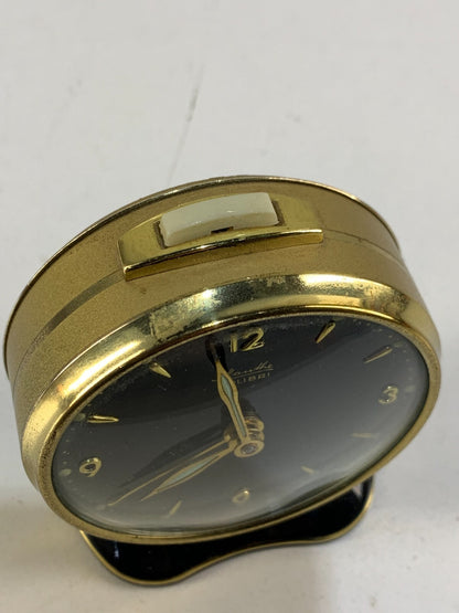 Colibri Mauthe Desk Clock Black Gold Brass Round Germany Wind Up Alarm 60s RARE