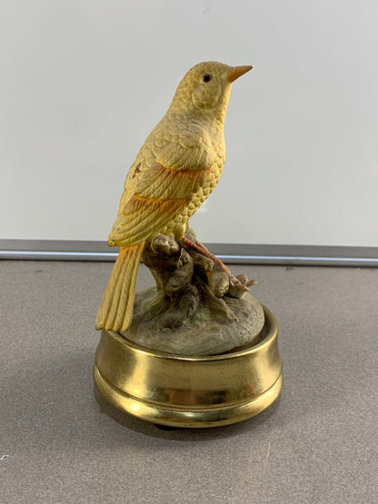 Vintage Yellow Ceramic Canary Bird On Branch Figurine Music Box
