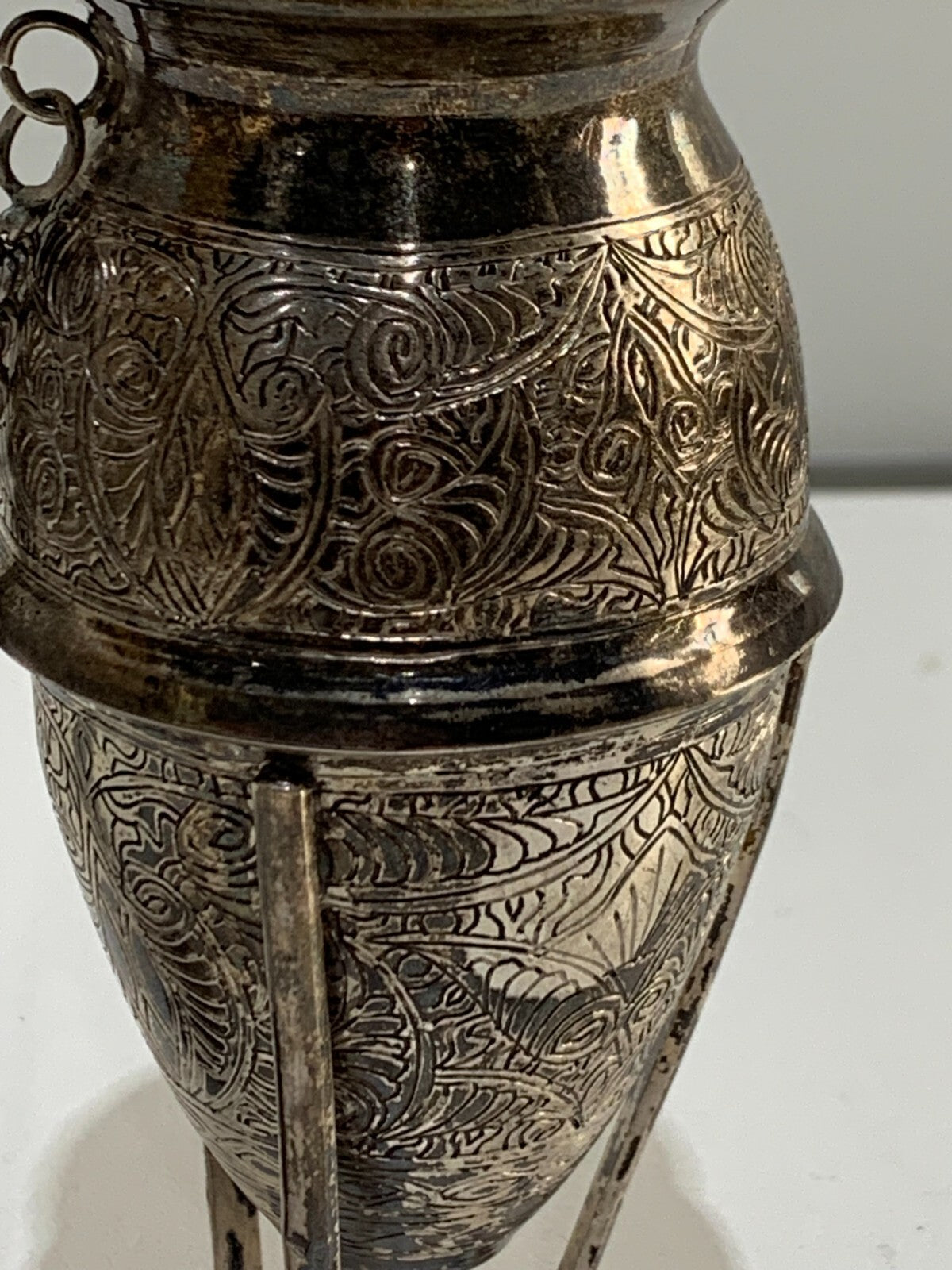 Egyptian solid silver miniature amphora with stand and lid.