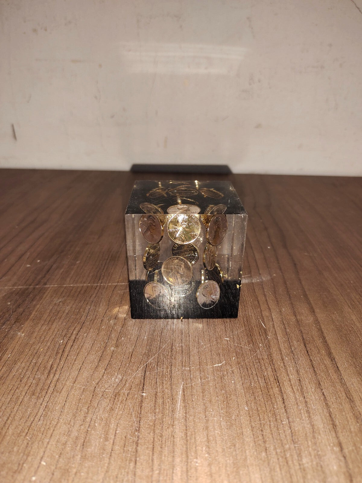 Vintage Acrylic Lucite Floating 1978 Pennies Penny Cube Square