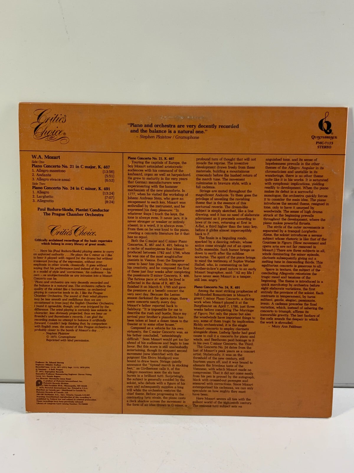 Vinyl LP: Paul Badura-Skoda, "Mozart Piano Concertos Nos 21 & 24," 1972 Stereo