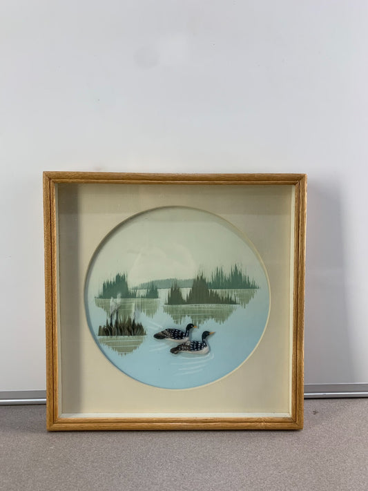 Vintage Feather Art Birds Picture 3D Shadow Box 10 inches Matted Framed