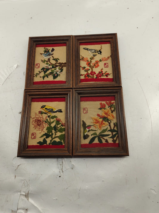 Vintage Crewel Needle point Birds Yarn art Framed Wall Art - Set of 4