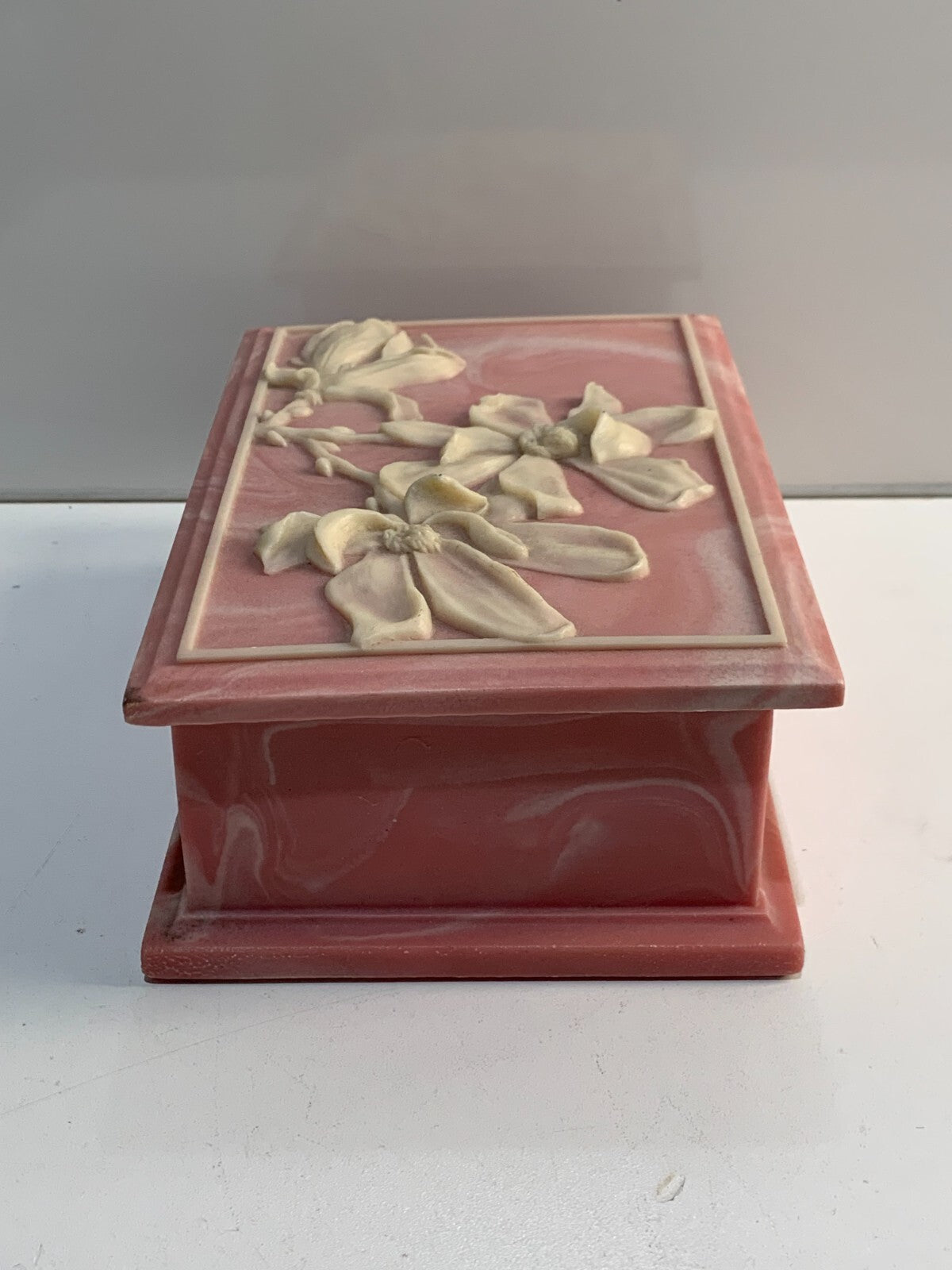 Vintage Design Gift Rose Trinket Box 80s Pink Soapstone Vanity Bath Jewelry Box