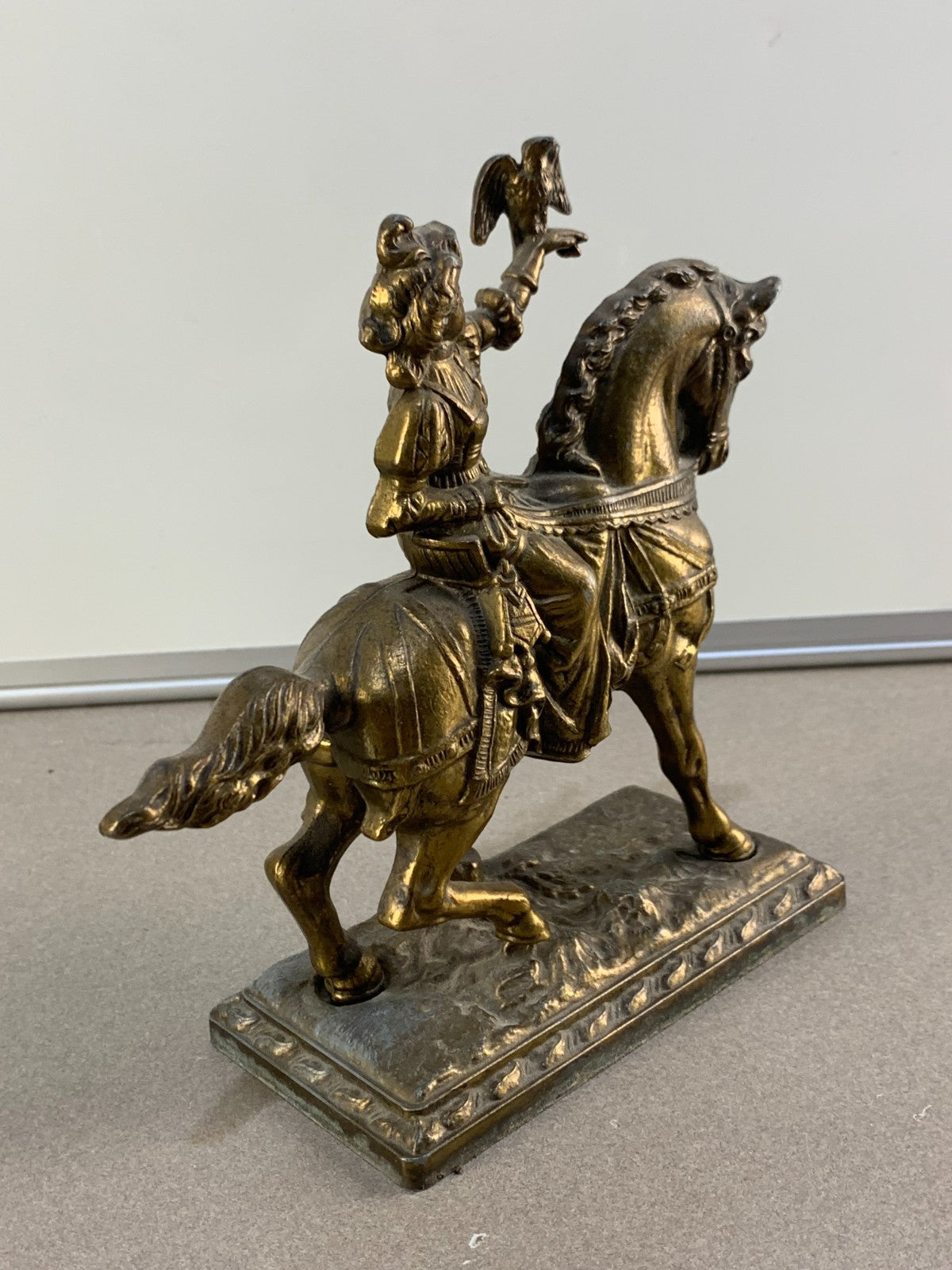 Vintage French bronze sculpture, statue, knight with his hawk on his horse