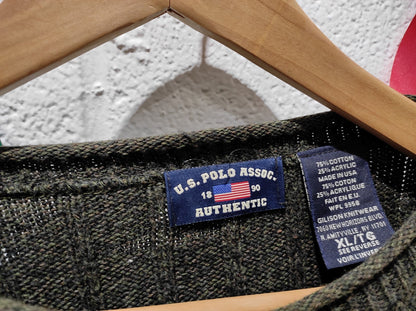 Vintage US Polo Assn Cardigan Knit Sweater Gray 100% Cotton XL