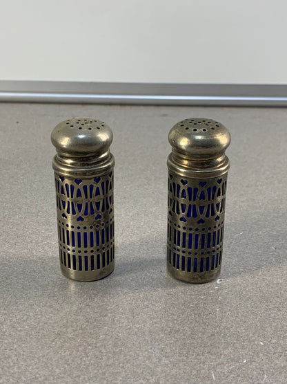 Vintage Silver Cobalt Blue Salt & Pepper Shakers Silver Plate Filigree UK Patent