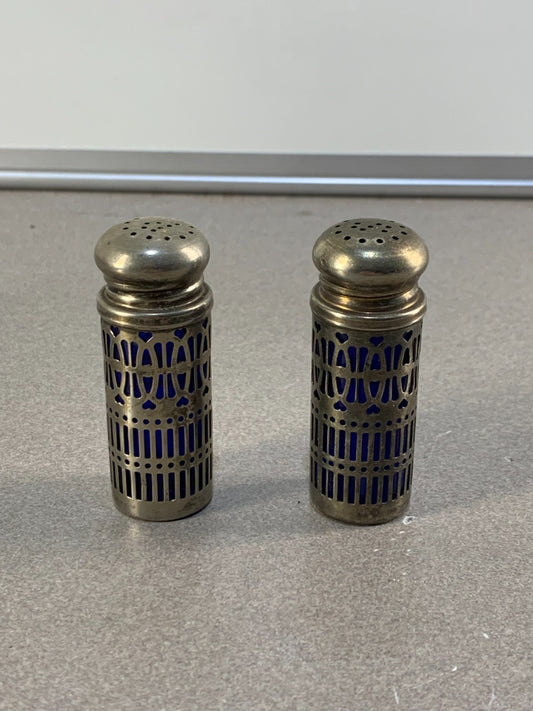 Vintage Silver Cobalt Blue Salt & Pepper Shakers Silver Plate Filigree UK Patent