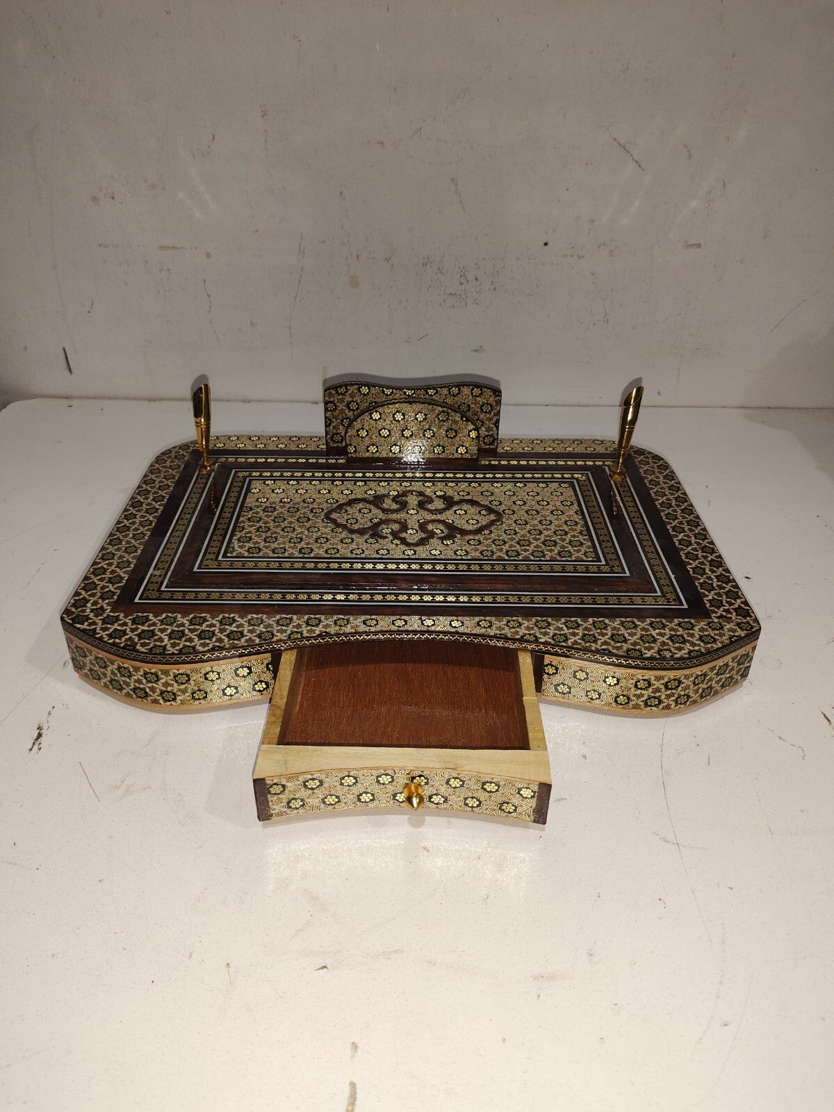 VTG Handcrafted Inlay Desk Organizer Persian Khatam Marquetry Pen Card Holder