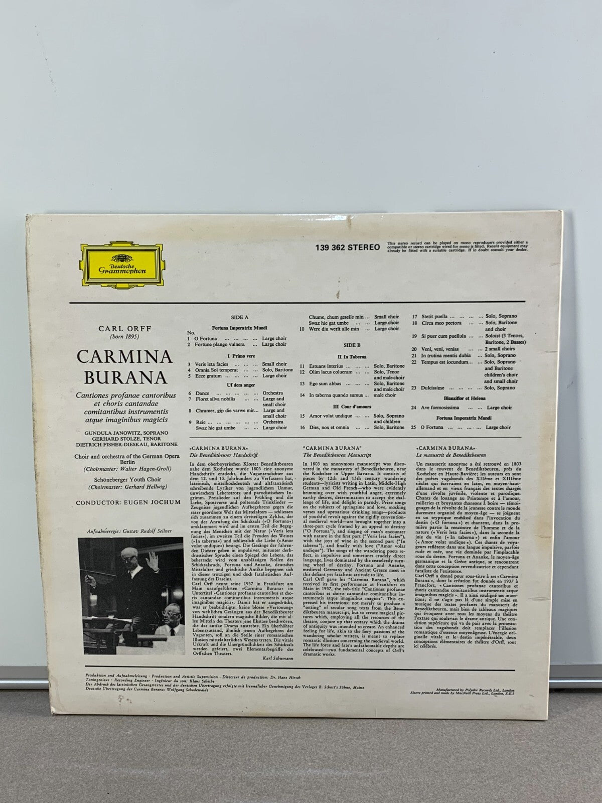 Carl Orff - Carmina Burana Jochum DG LP Vinyl - Janowitz Dieskau