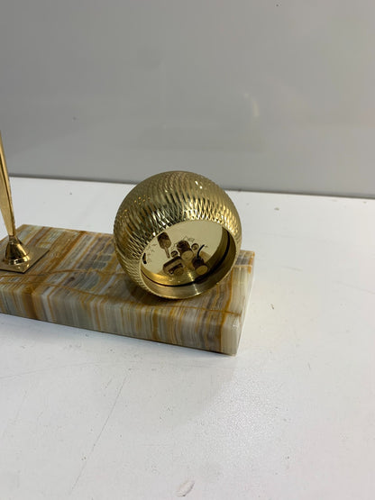 Vintage Caravelle Desk Set Brass Windup Clock With Pen Holder