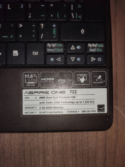 Acer Aspire One 722 11.6" Laptop AMD C-Series C-50 2GB RAM 500GB HD