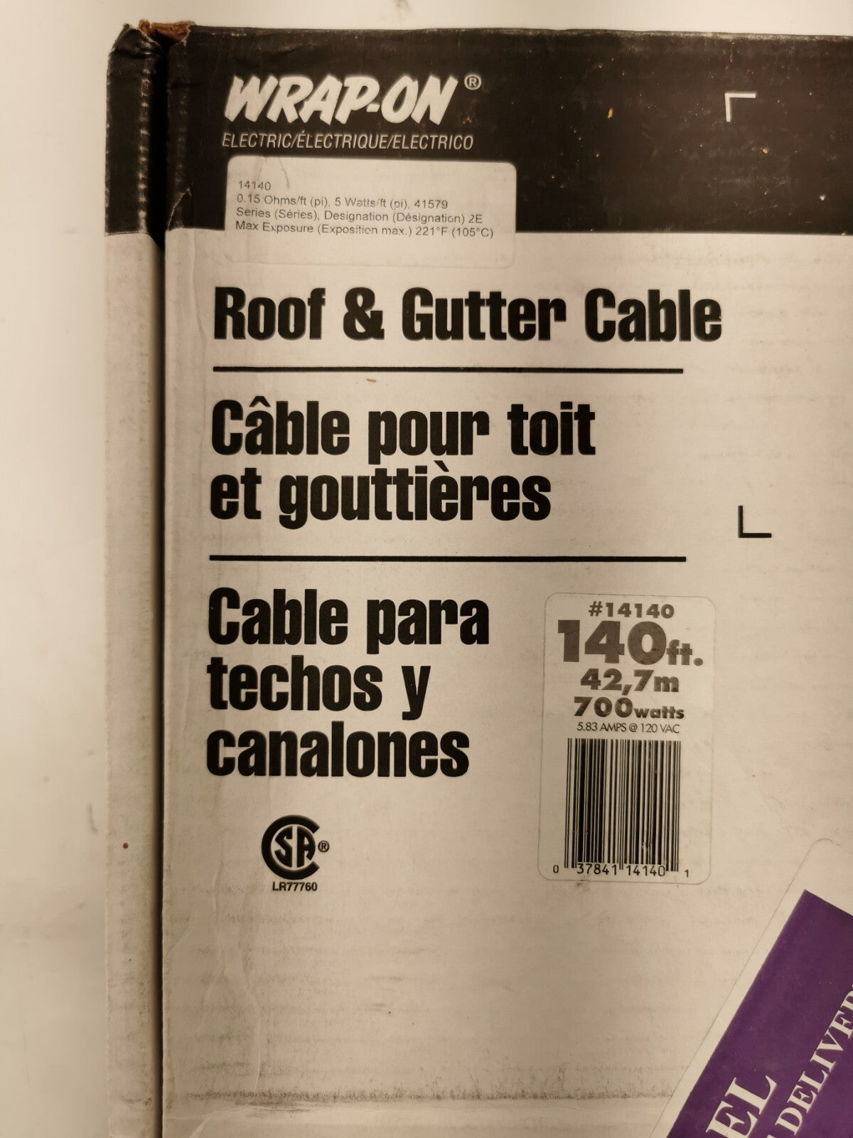 Wrap-On roof & gutter cable 140ft, 42,7m, 700 watts