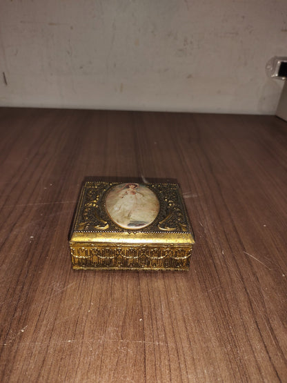 Vintage Ornate Metal Cameo Brass Trinket Jewelry Box  Red Velvet Lined