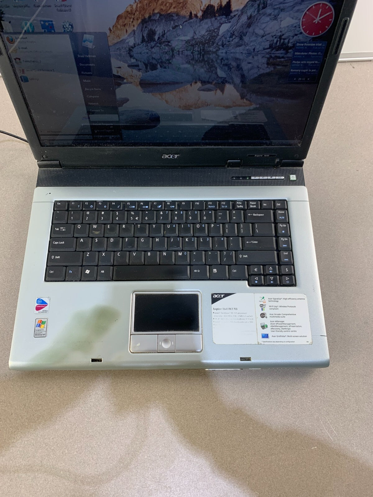 Acer Aspire 1640 Series, Intel Centrino Laptop, Windows 7, No battery