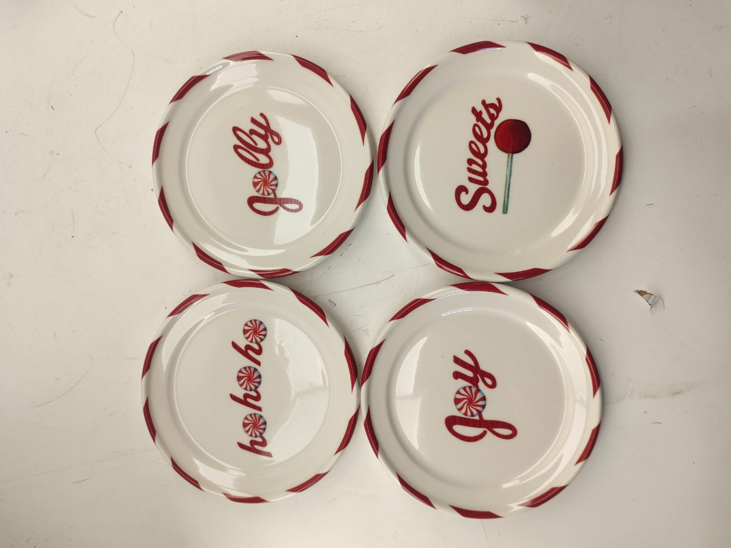 4 2007 Starbucks Dessert Plates Candy Cane Joy Jolly Ho Ho Ho Sweets