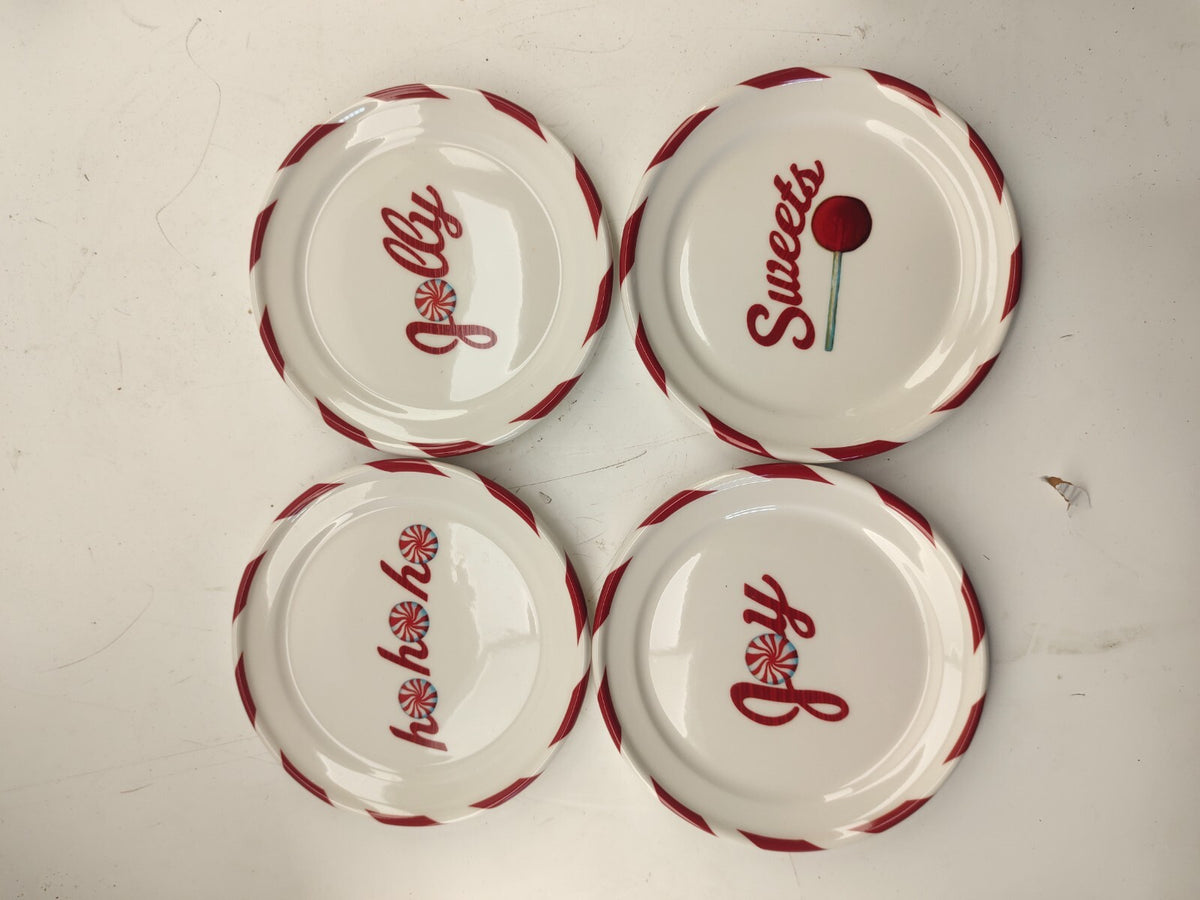 4 2007 Starbucks Dessert Plates Candy Cane Joy Jolly Ho Ho Ho Sweets