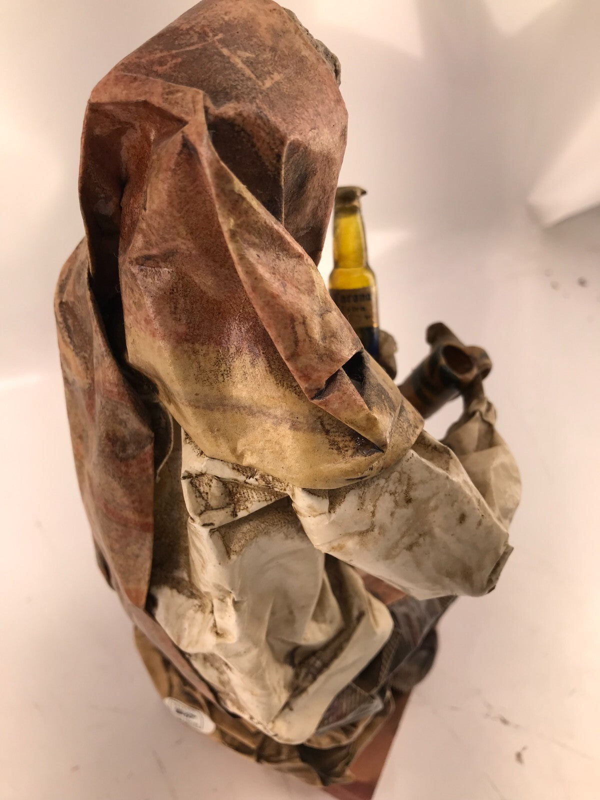 Vintage Mexican folk art paper Mache Old leady holding Beer and mug