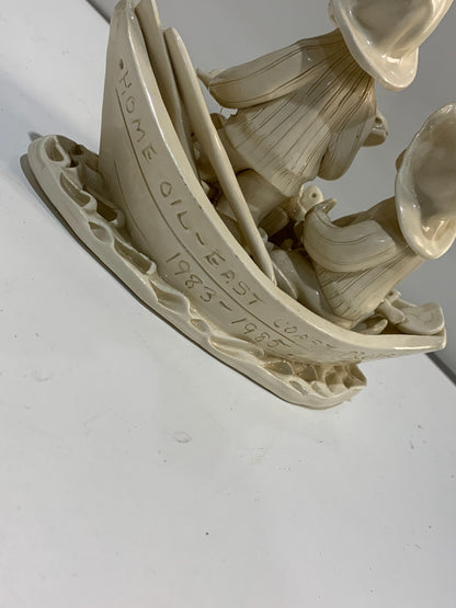 Vntg Novia Scotia Canada Folk Art Pottery Sculpture, Fisherman in Dory w Fish