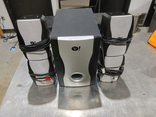 Yahoo! 5-piece speaker surround sound system with speaker cables UNTESTED - Fair