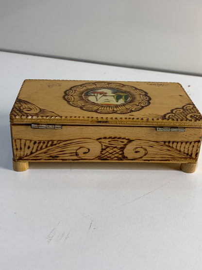 Antique Wooden Box with Hinged Lid, has a beautiful art on top.