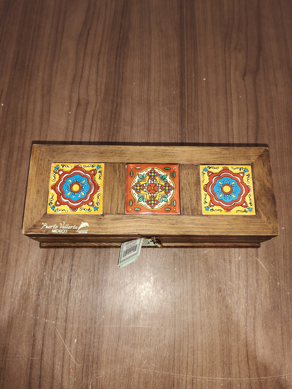 Handmade Wooden Trinket Box With Painted Tiles - Puerto Vallarta Mexico