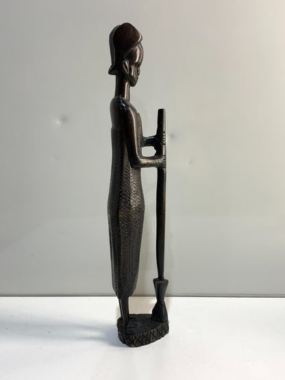 Vintage Woman with mortar and pestle Wood Sculpture.