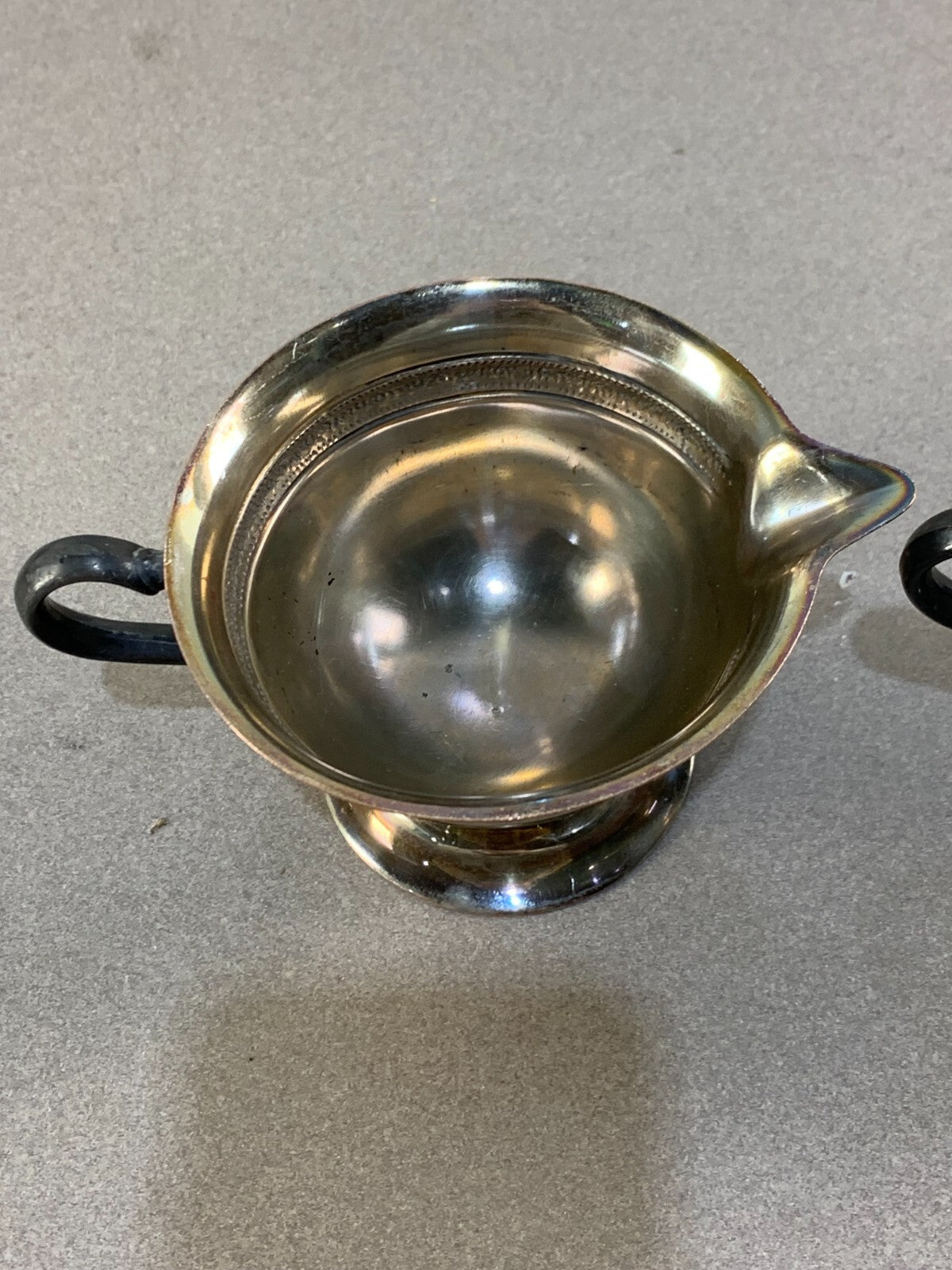 Creamer & Sugar bowl lined with copper EPO with M. Mounts rare antique