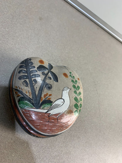 Bird Heart Shape Clay Box Hand Painted Burnished by Medrano Mexican Folk Art