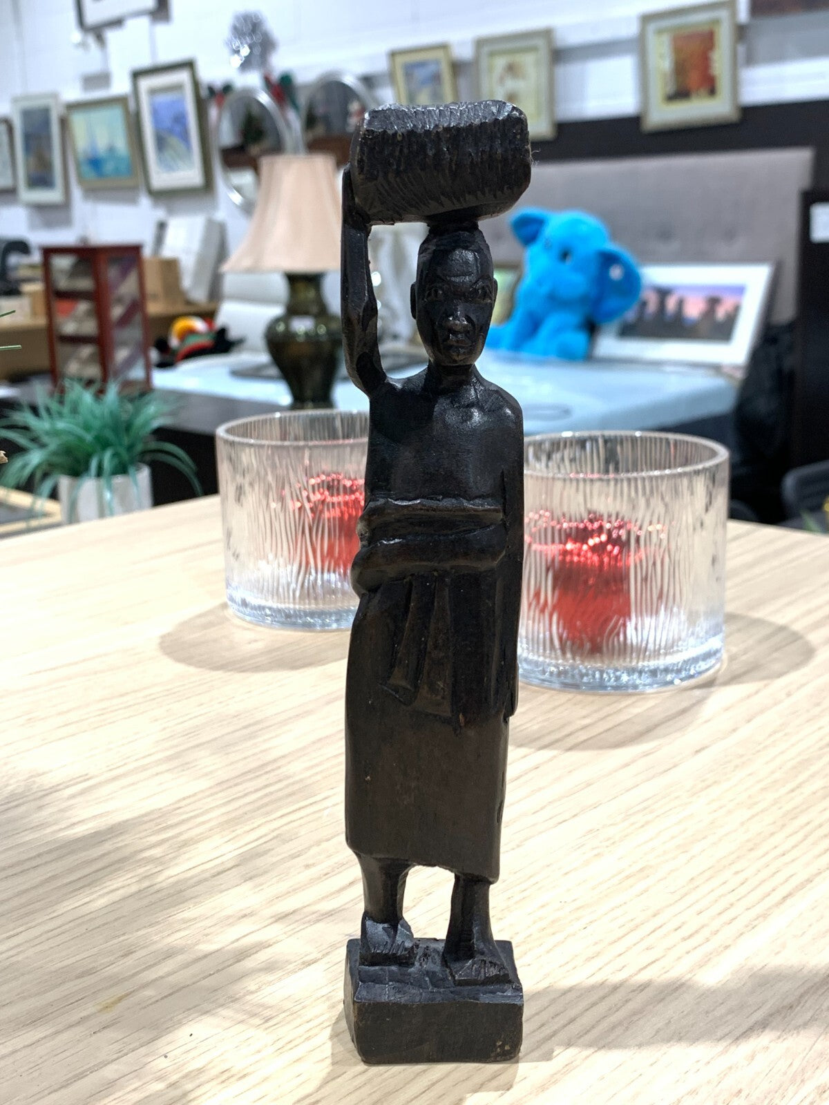 Wood sculpture woman with baby and basket, African woman statue sculpture