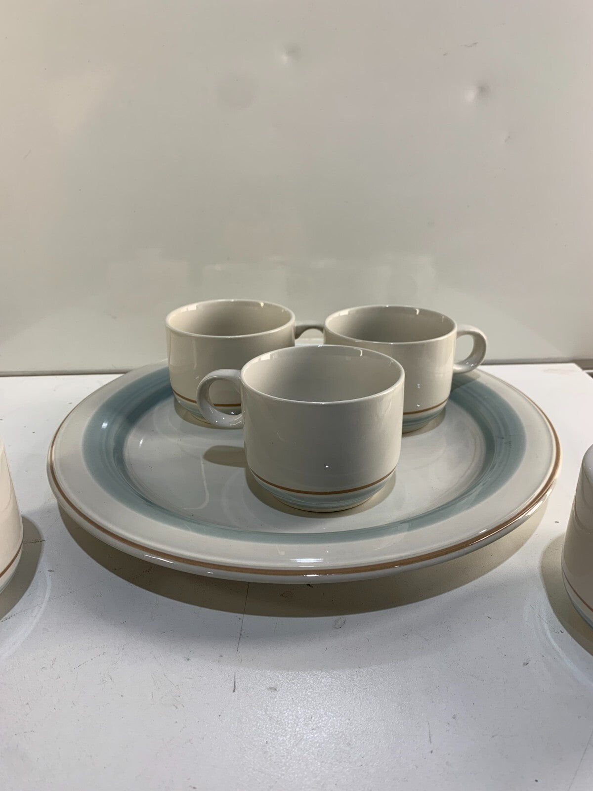 Vintage Genuine Stoneware Country Morn Coffee Cups, Creamer, Sugar Bowl & Plate