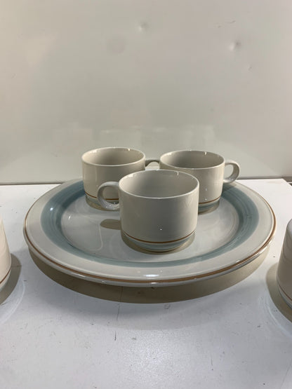 Vintage Genuine Stoneware Country Morn Coffee Cups, Creamer, Sugar Bowl & Plate