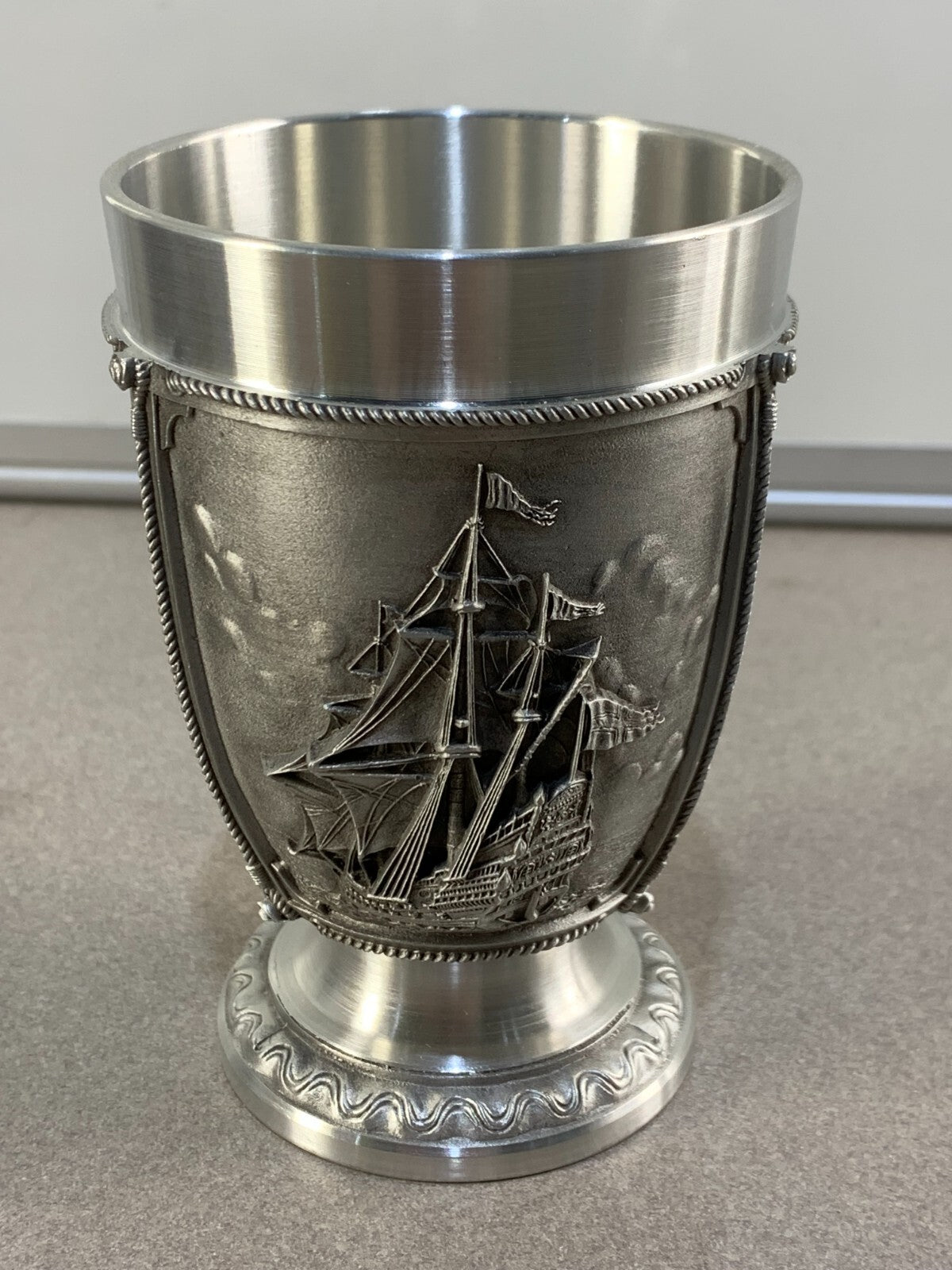 Vintage German Pewter Shot Glass Sail Boat Ship Brigantine Estate