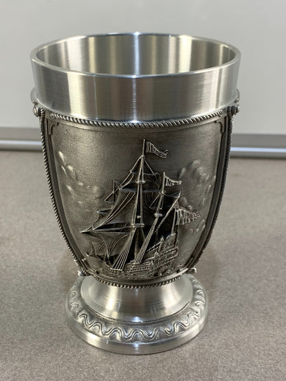 Vintage German Pewter Shot Glass Sail Boat Ship Brigantine Estate