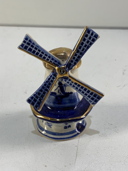 Vintage Delft Porcelain Windmill Salt Shaker - Blue, White & Gold