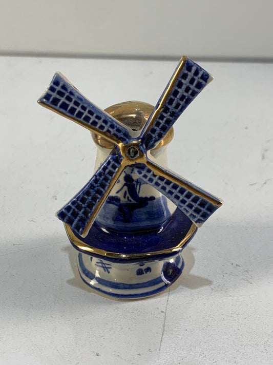 Vintage Delft Porcelain Windmill Salt Shaker - Blue, White & Gold