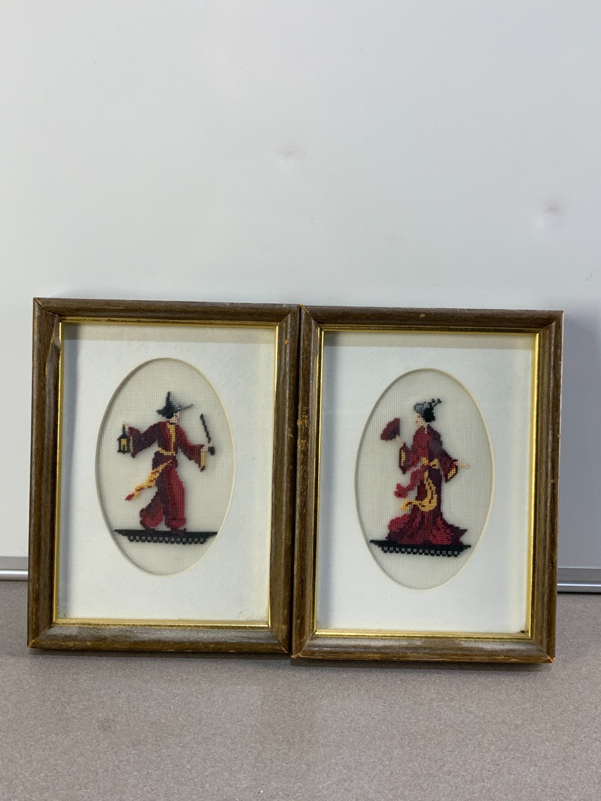 VINTAGE HANDMADE PAIR NEEDLE POINT ART ASIAN MAN AND LADY IN FRAMES