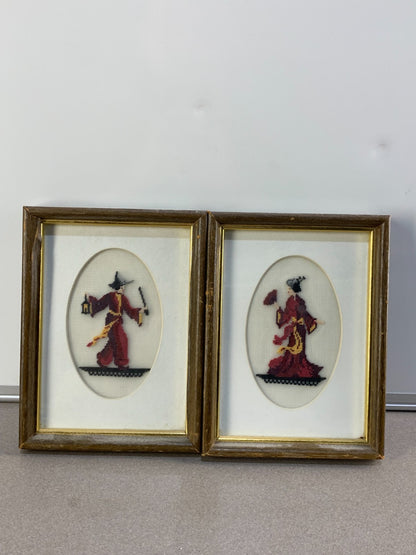 VINTAGE HANDMADE PAIR NEEDLE POINT ART ASIAN MAN AND LADY IN FRAMES
