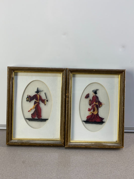 VINTAGE HANDMADE PAIR NEEDLE POINT ART ASIAN MAN AND LADY IN FRAMES